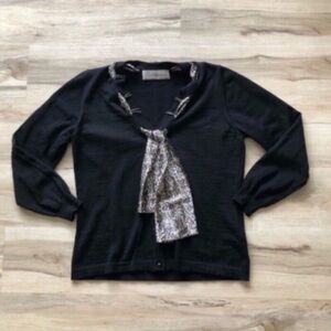 VINTAGE! Moda Dionisio Pellizzari 100% Wool Black Cardigan with Leopard Tie